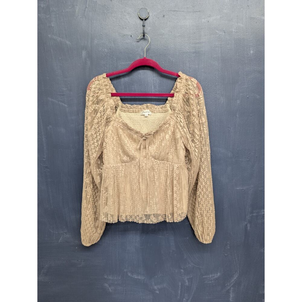 Forte Lace Smocked Babydoll Top XL Boho Cottagecore Balloon Sleeve Beige - Picture 3 of 12